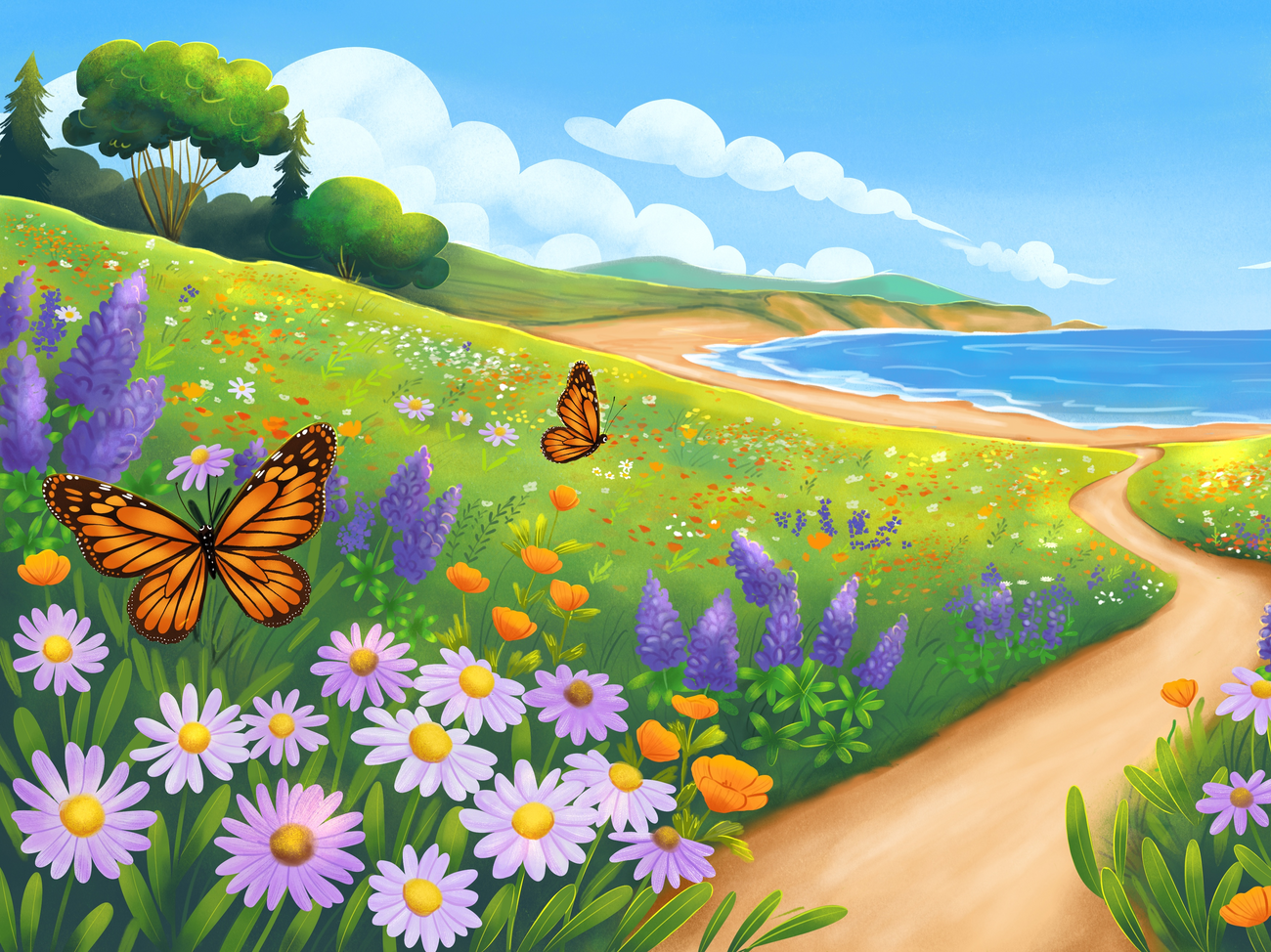 A dragon , unicorn , deer and fairy are standing under a tree in a forest.