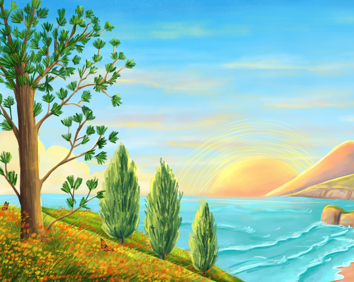 Coastal landscape with a tree, three narrow green trees, ocean, blue sky, and sun setting.