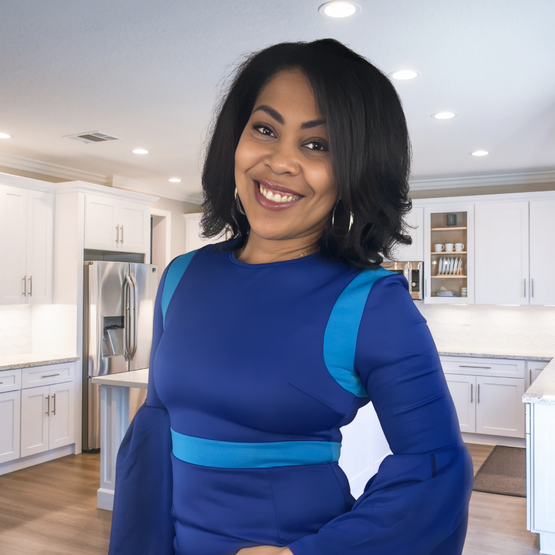 Kimberley C standing in luxury kitchen