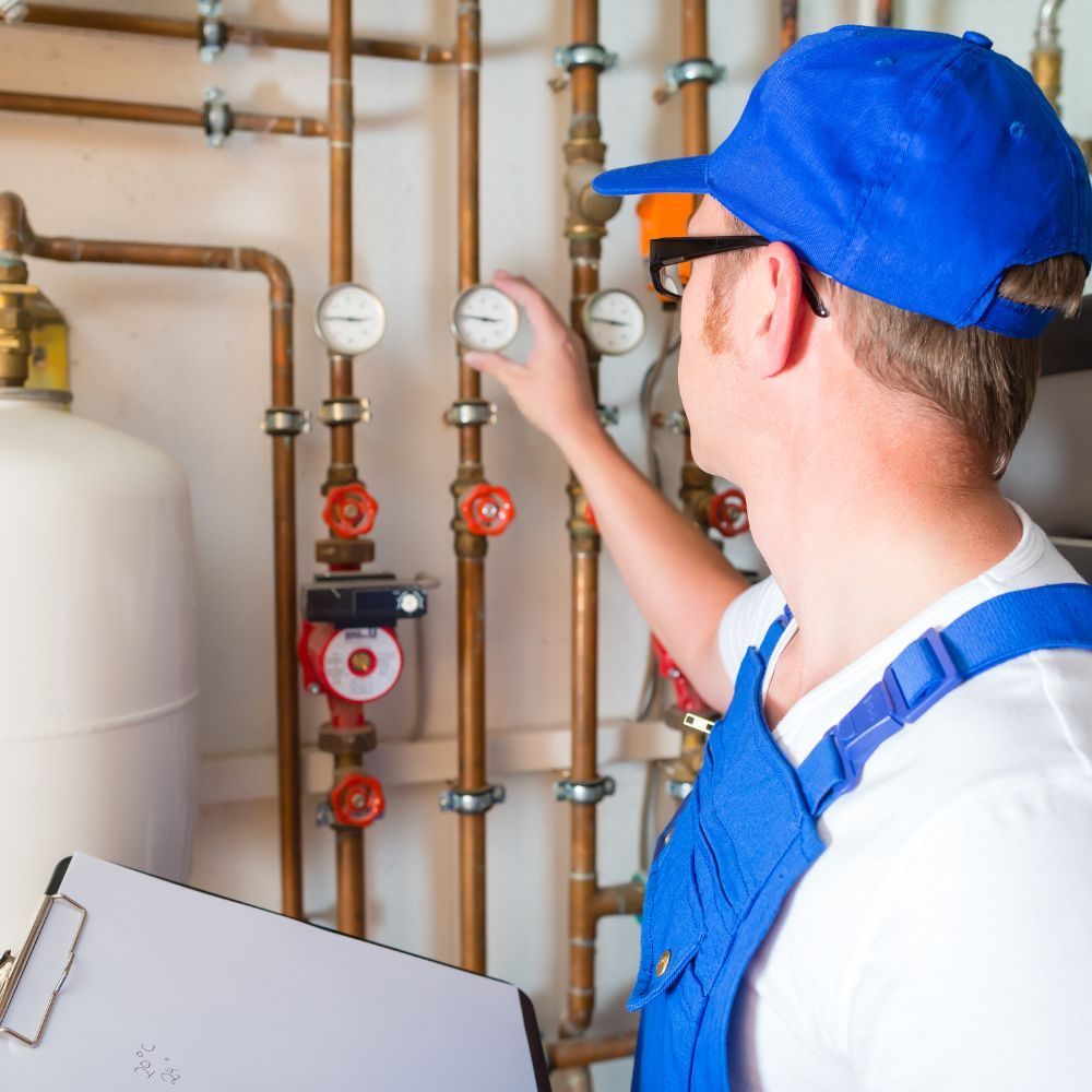 A man in a blue hat is working on a pipe