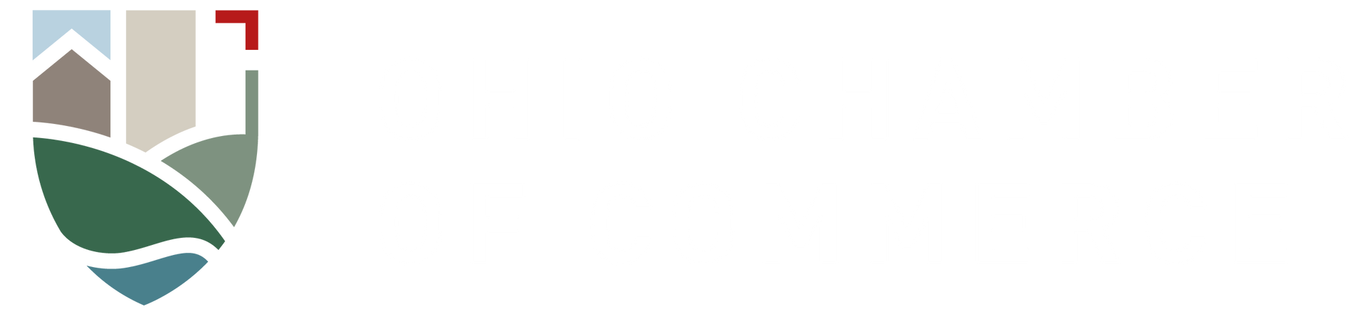 Shield logo with abstract landscape. Green, blue, gray, and brown tones. Red square in the upper right.