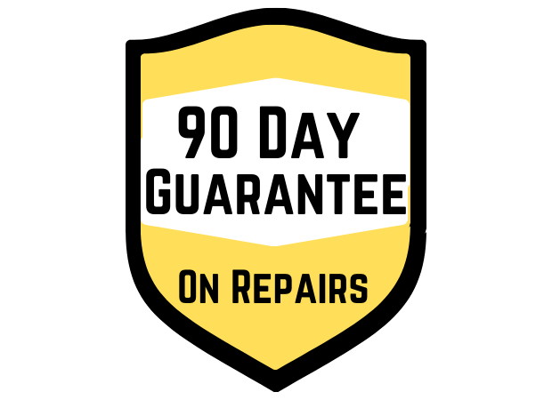 A shield with the words 90 day guarantee on repairs on it