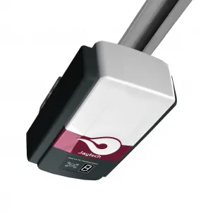 A close up of a jaytech garage door opener on a white background.