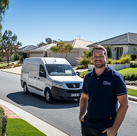 A man is standing in front of a white van in a residential area.
