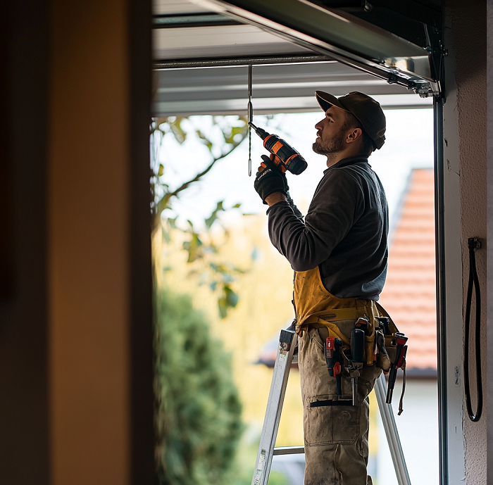A man is standing on a ladder using a drill to fix a garage door.