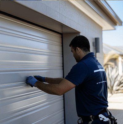 A man in a blue shirt is working on a garage door.