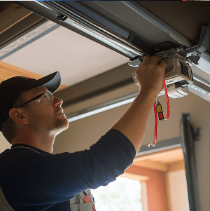 A tradesperson is working on a garage door opener.
