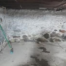 A dirty basement with a stone wall and concrete floor.