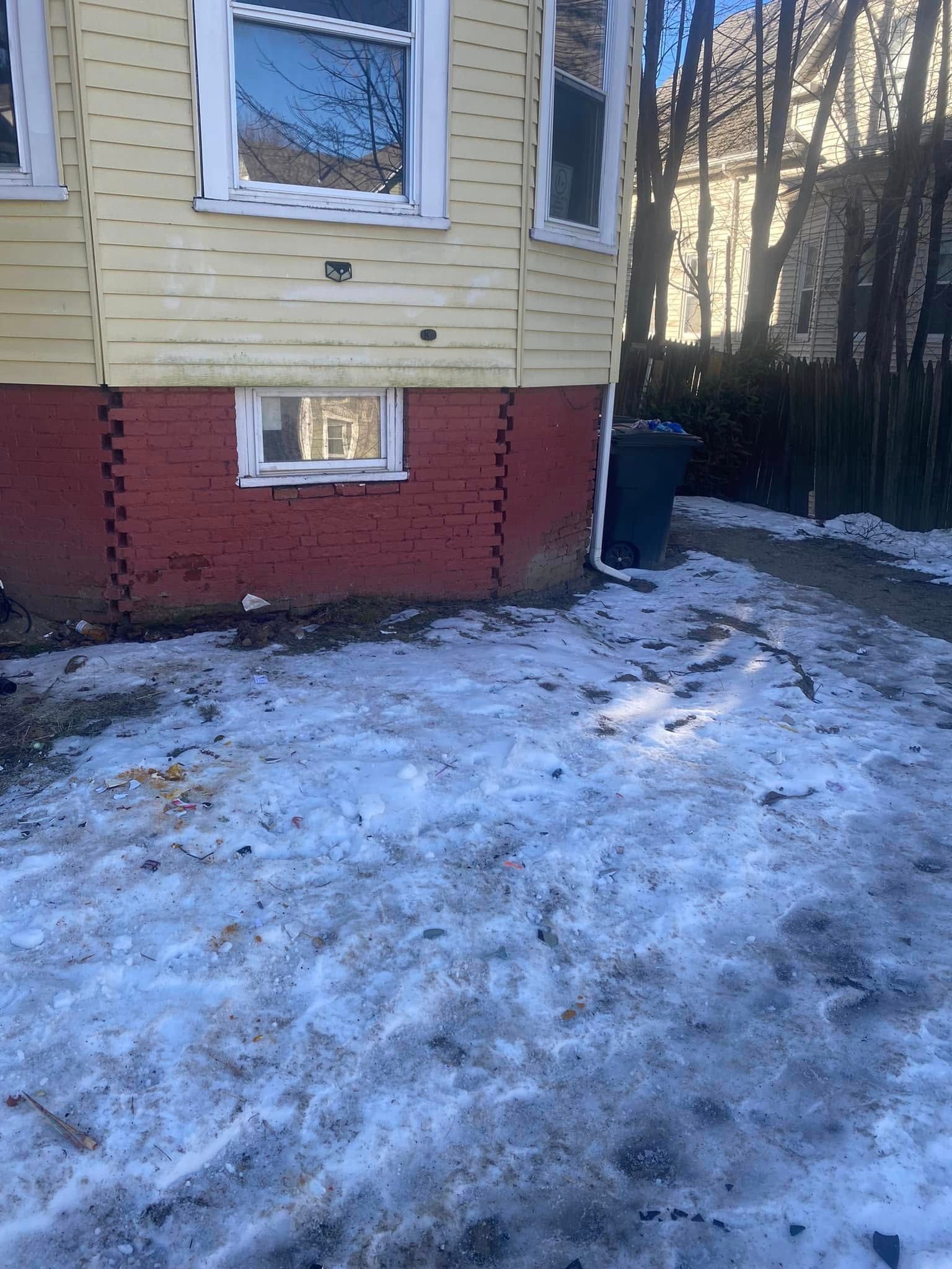 A house with a lot of snow on the ground in front of it.