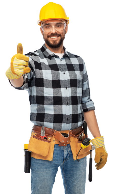 Construction worker wearing a yellow hard hat and safety glasses giving a thumbs up.