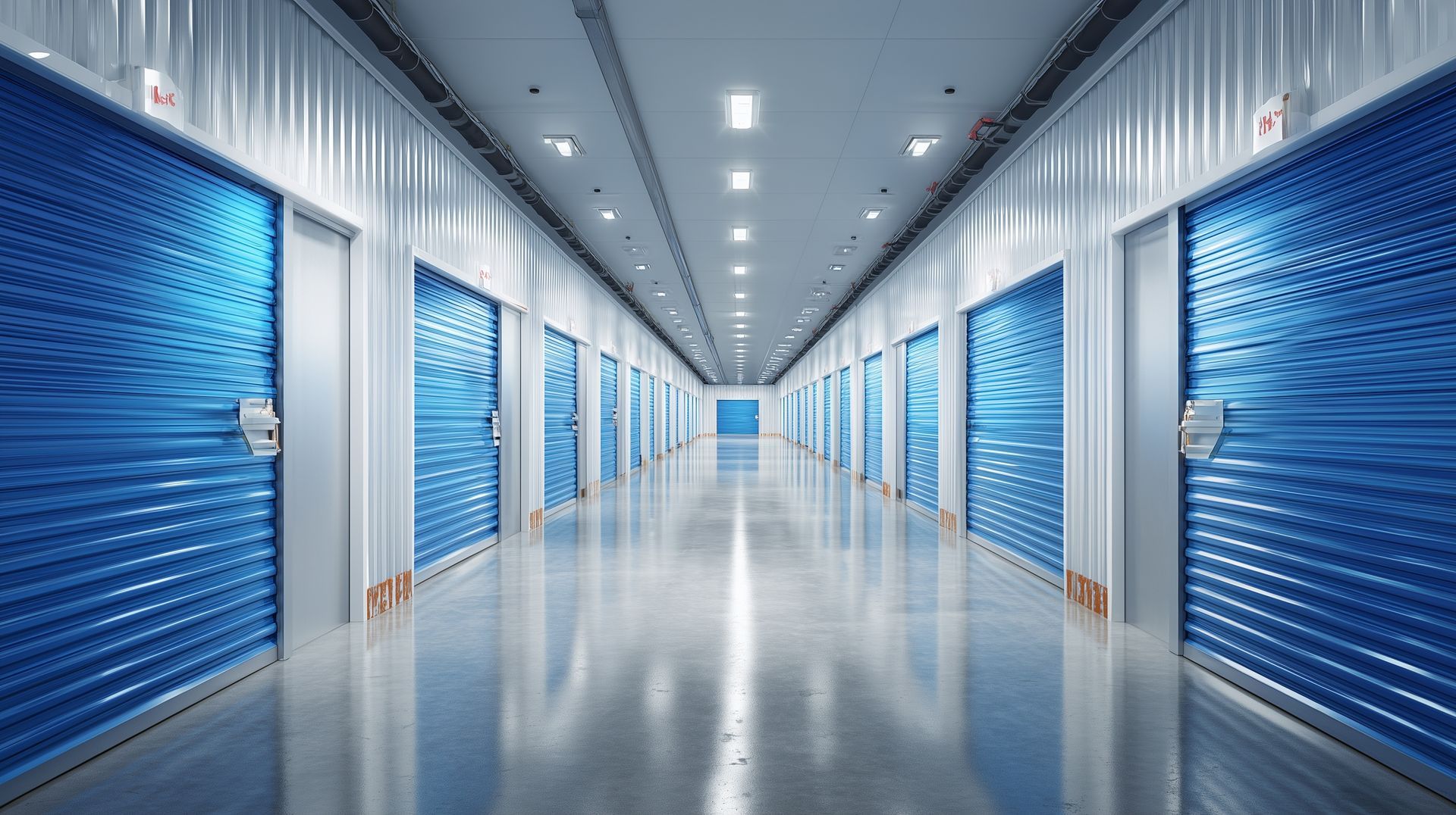 Clean, secure corridor of a modern self-storage unit facility with blue roll-up doors.