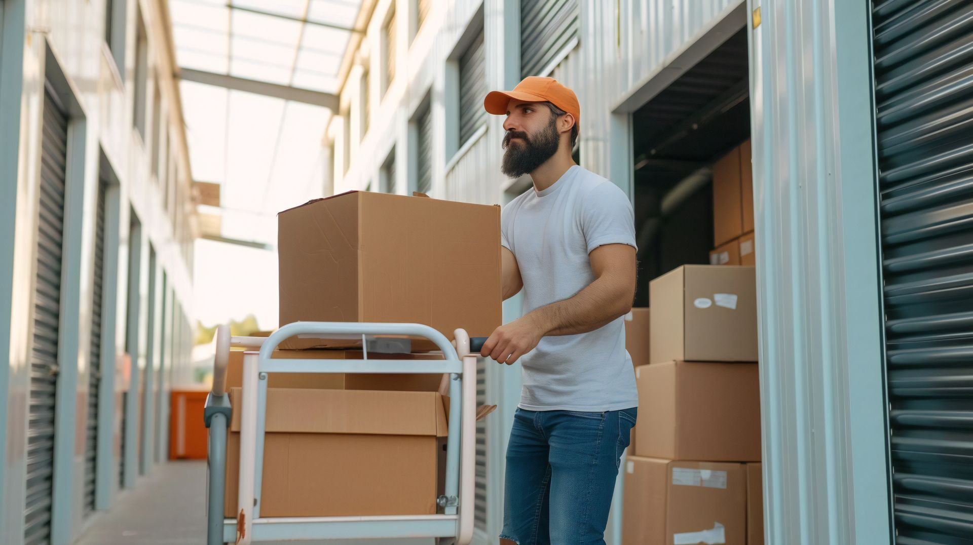 A man pushes a hand truck with boxes into a secure self-storage unit facility.