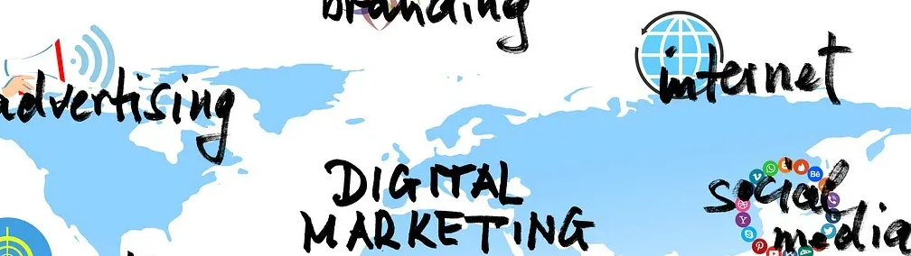 World map with digital marketing terms: advertising, branding, internet, social media.