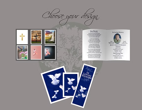Funeral design options: cards with religious imagery, a booklet, and dove bookmarks.