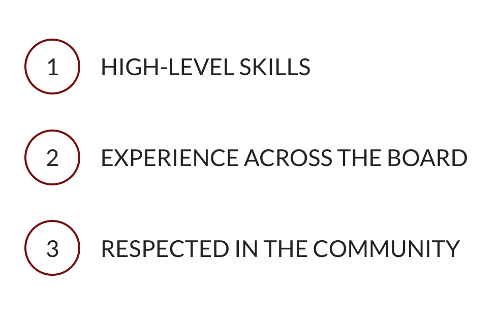 1. high level skills, 2. experience across the board, 3. respected in the community