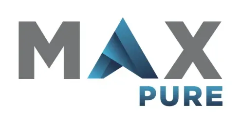 Logo avec « MAX » en gris, un « A » abstrait bleu et « PURE » en turquoise.