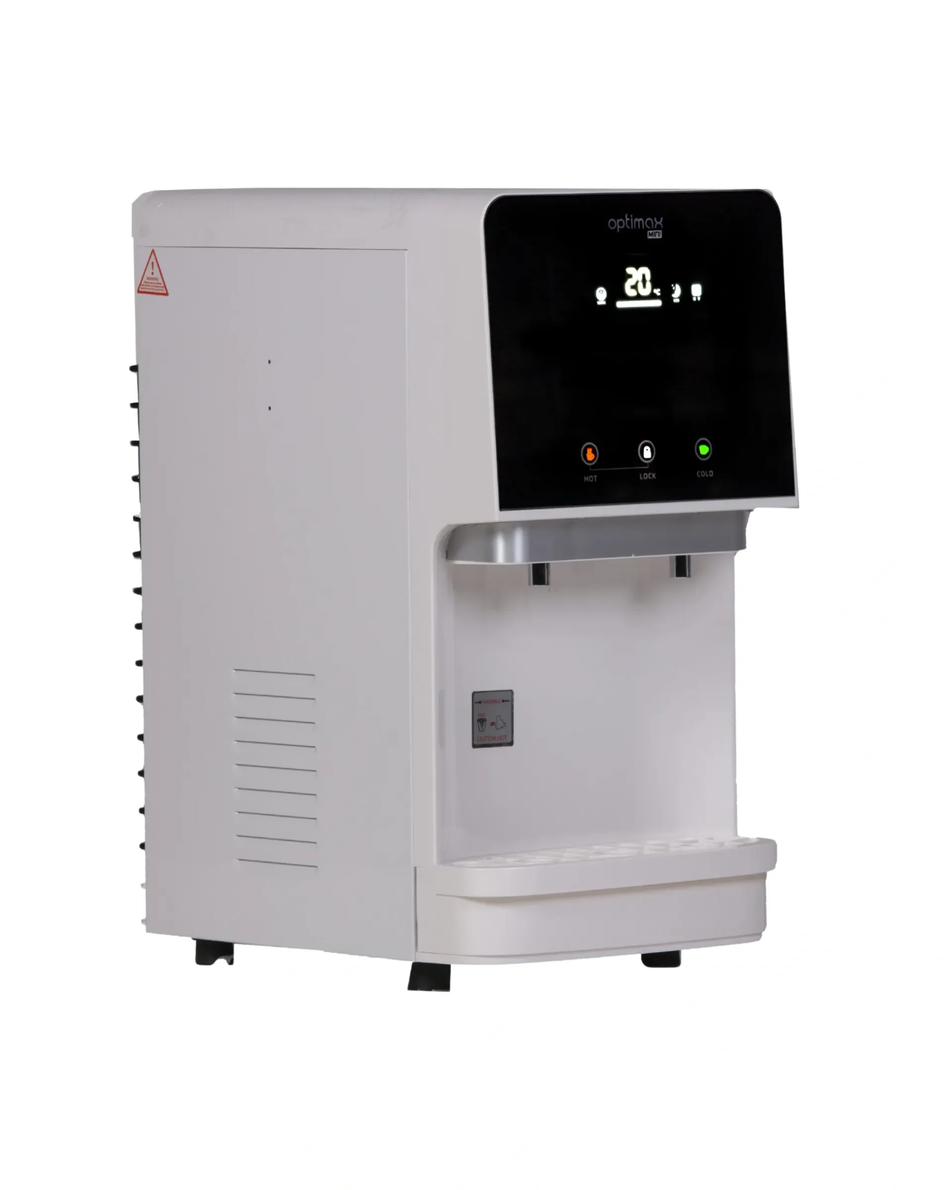 Fontaine à eau blanche avec écran tactile noir et zone de distribution.