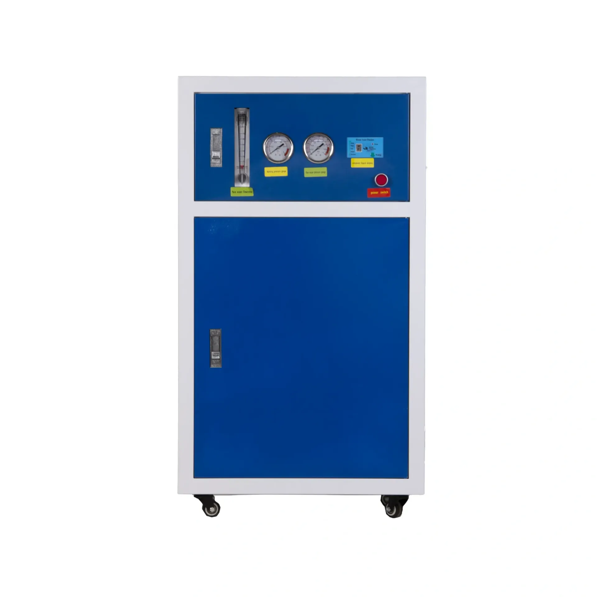 Armoire industrielle bleue et blanche avec manomètres et débitmètre sur le dessus.