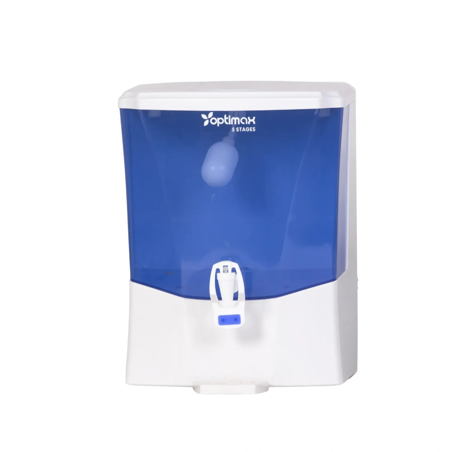 Purificateur d'eau bleu et blanc avec robinet. La marque « Optima » est visible.