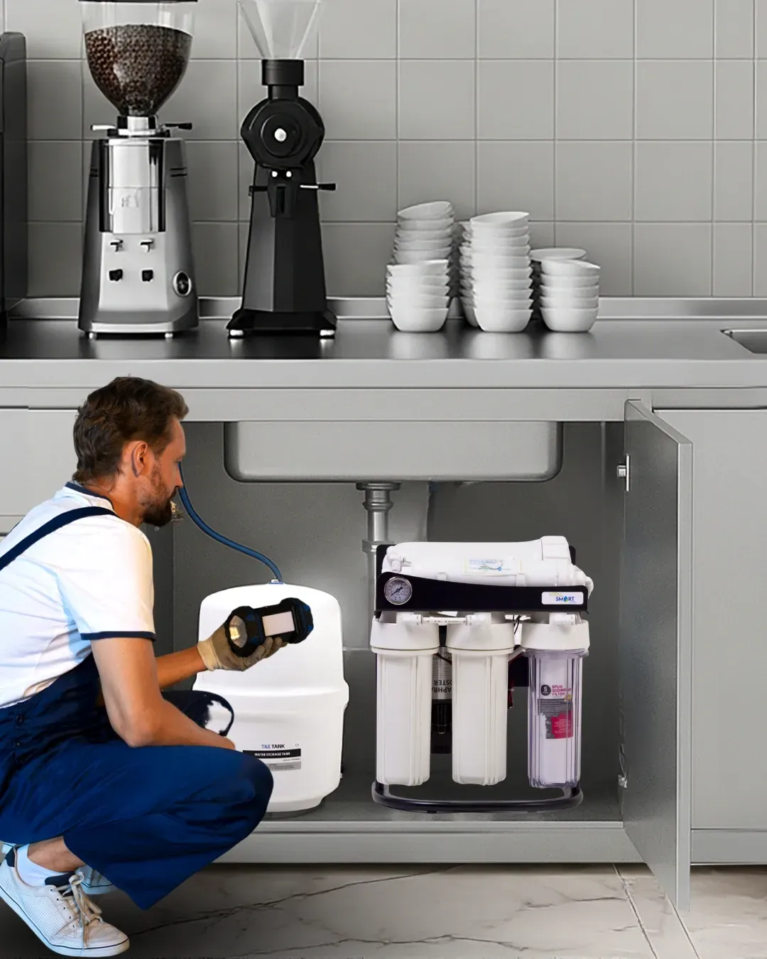 Une personne installe un filtre à eau sous un évier de cuisine.