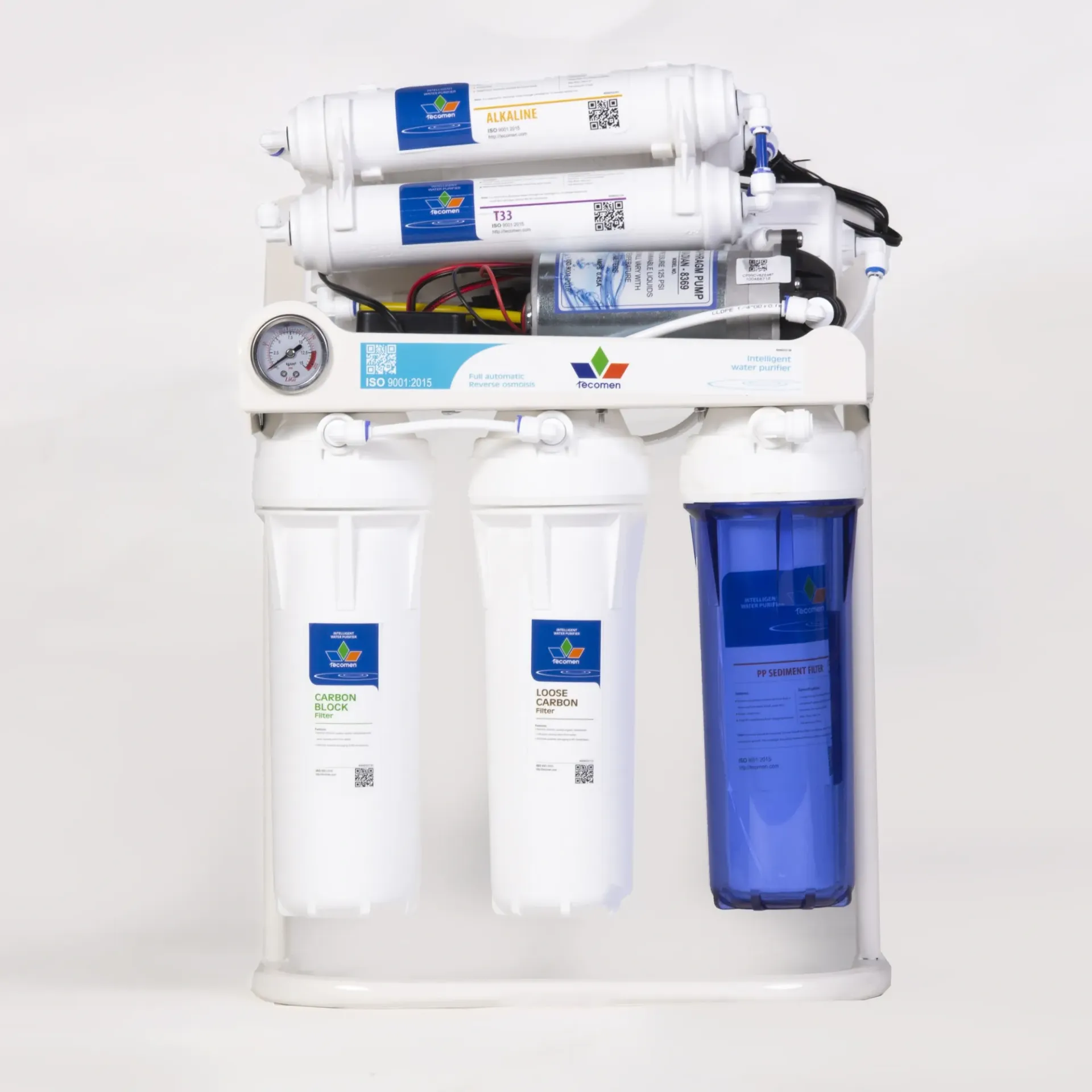 Système de filtration d'eau par osmose inverse avec composants blancs et bleus sur un cadre métallique.