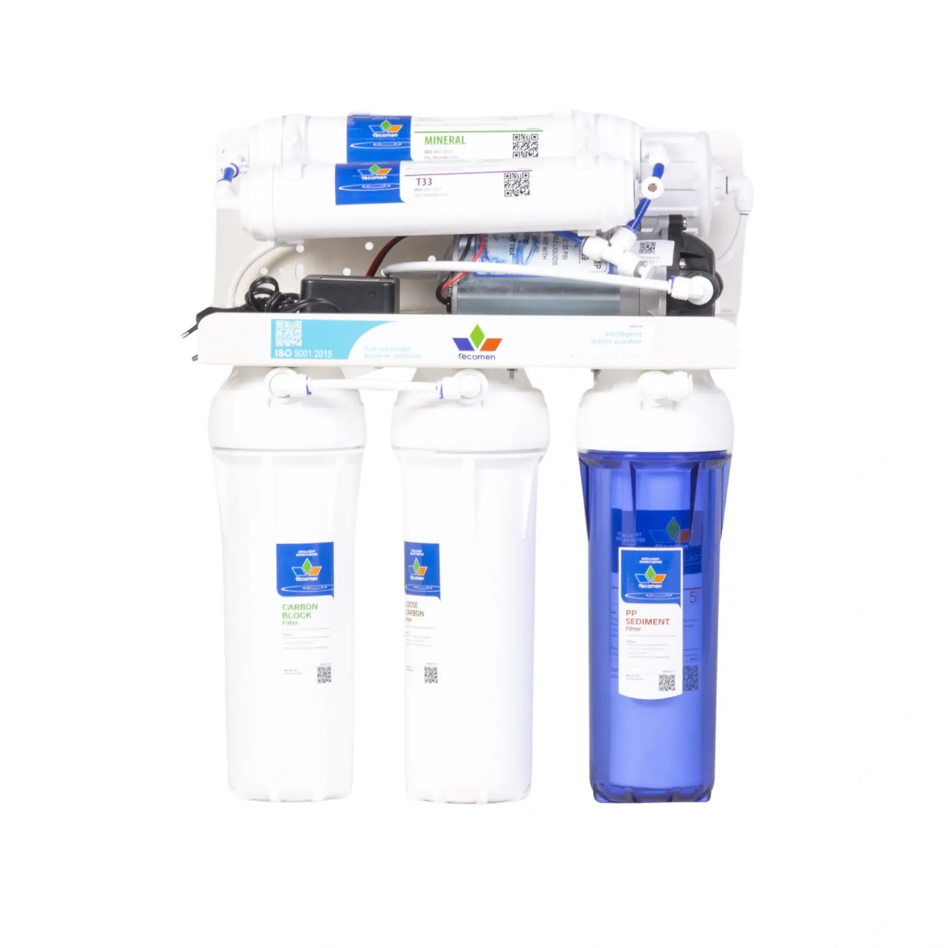 Système de filtration d'eau avec filtres blancs et bleus, monté sur un support blanc.