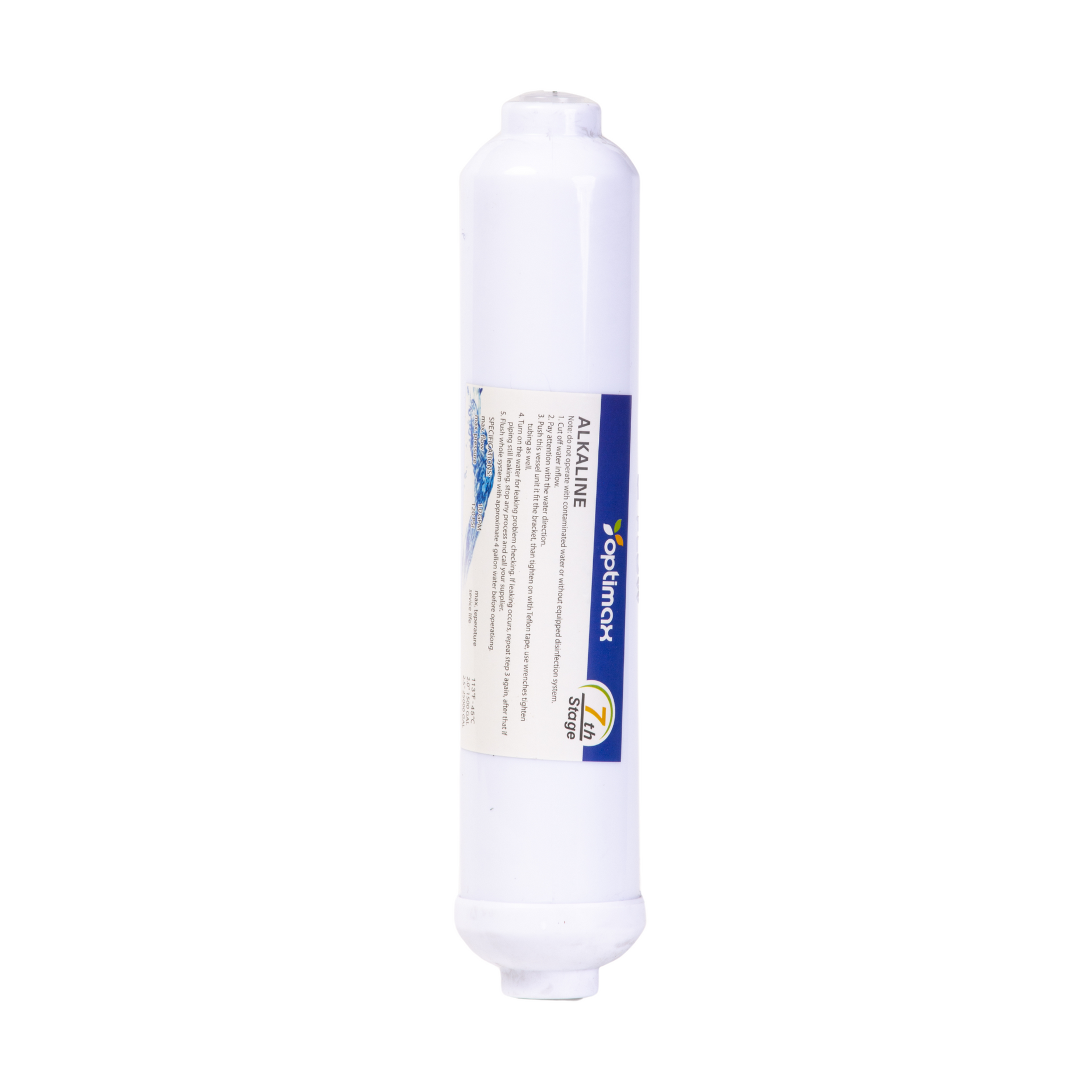 Cartouche filtrante blanche avec étiquette bleue.