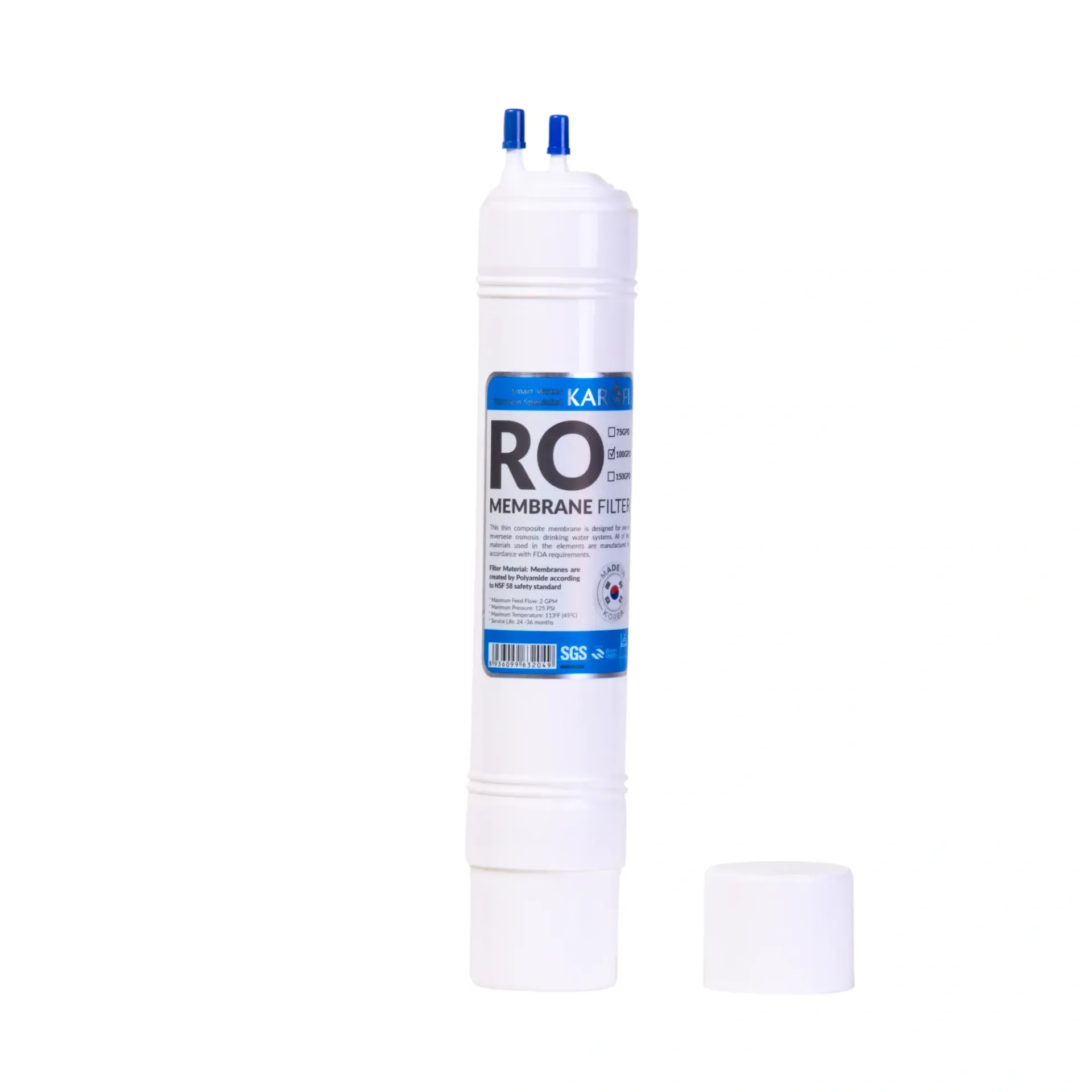 Cartouche filtrante blanche avec des accents bleus et un bouchon amovible.