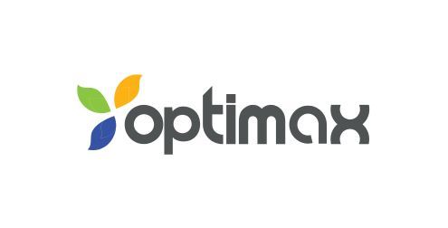Logo Optimax : texte « optimax » avec un motif à quatre feuilles vertes, jaunes et bleues.