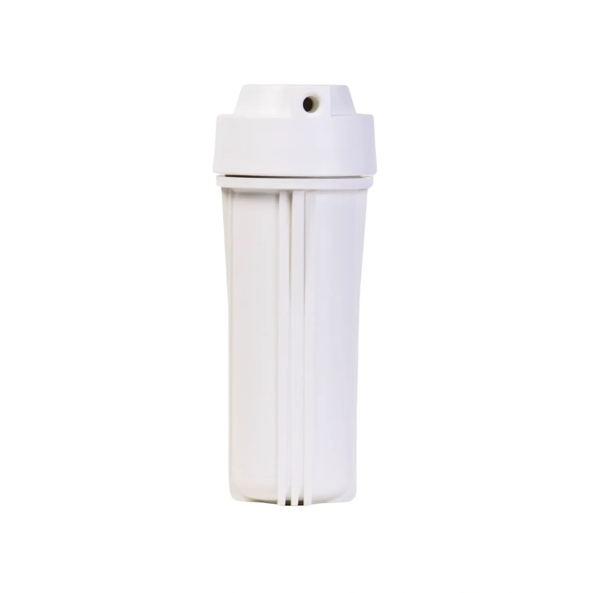 Boîtier de filtre à eau blanc, cylindrique avec un bouchon, probablement destiné à la filtration de l'eau domestique.