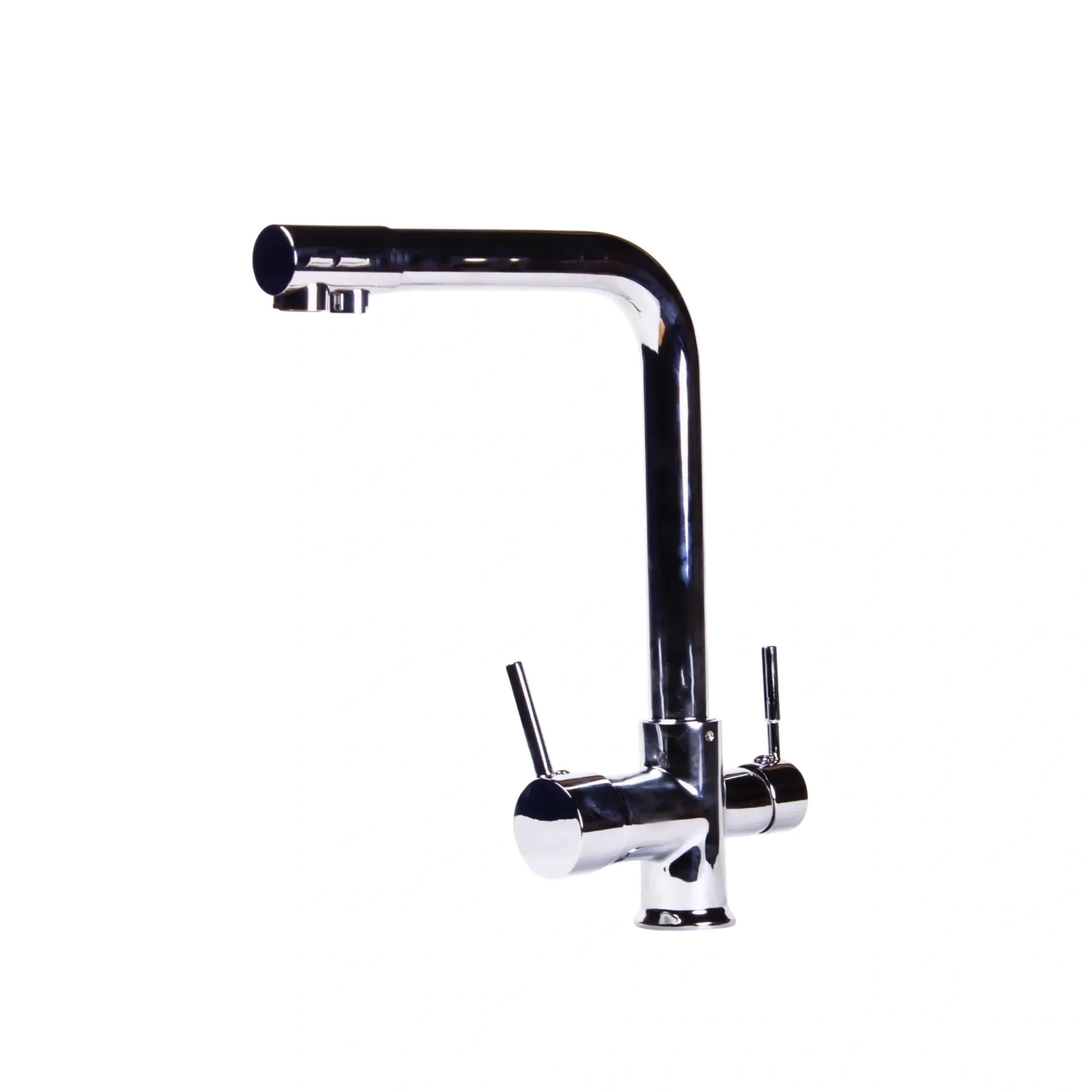 Robinet de cuisine chromé avec deux poignées et un bec courbé.