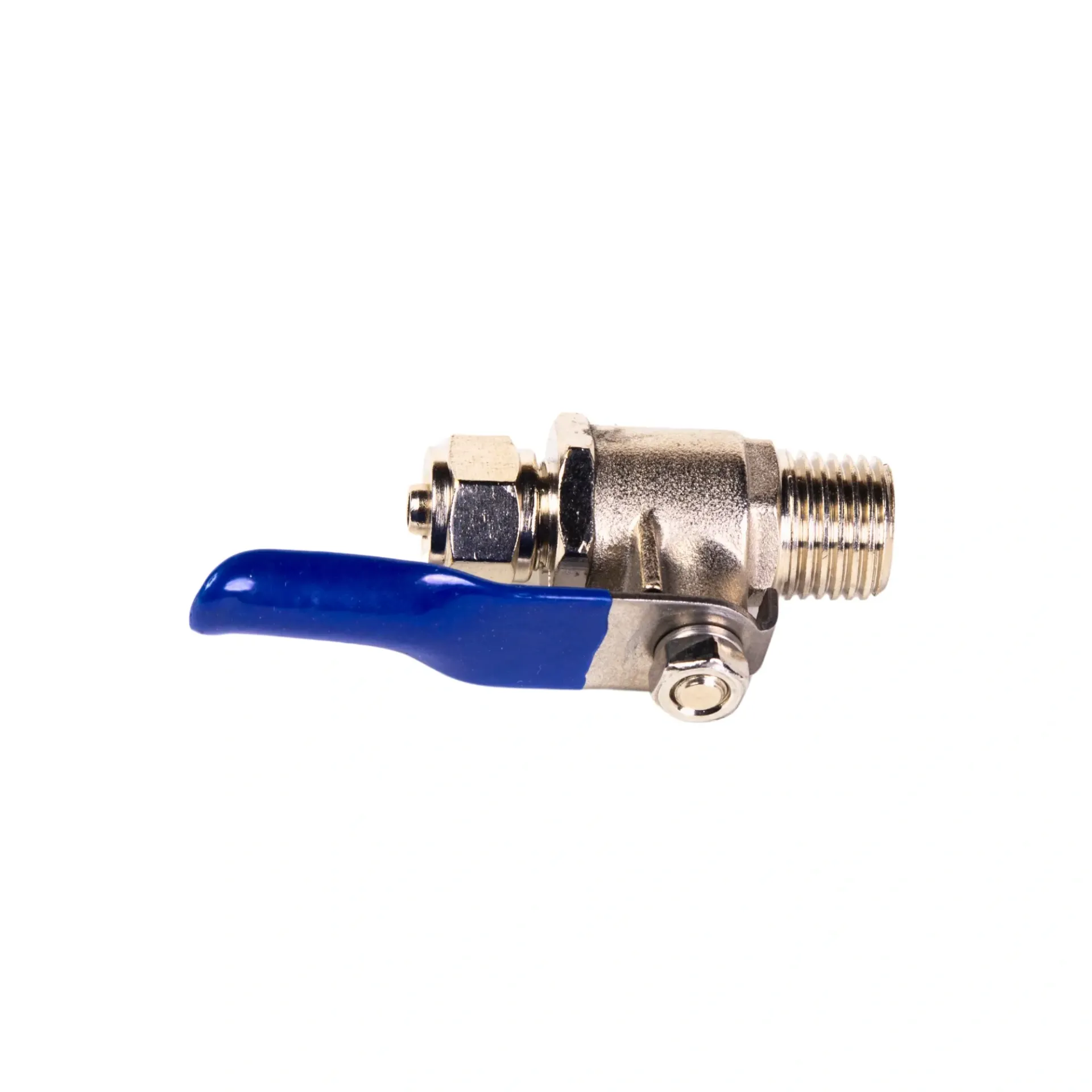 Vanne à bille avec poignée bleue et extrémité filetée.