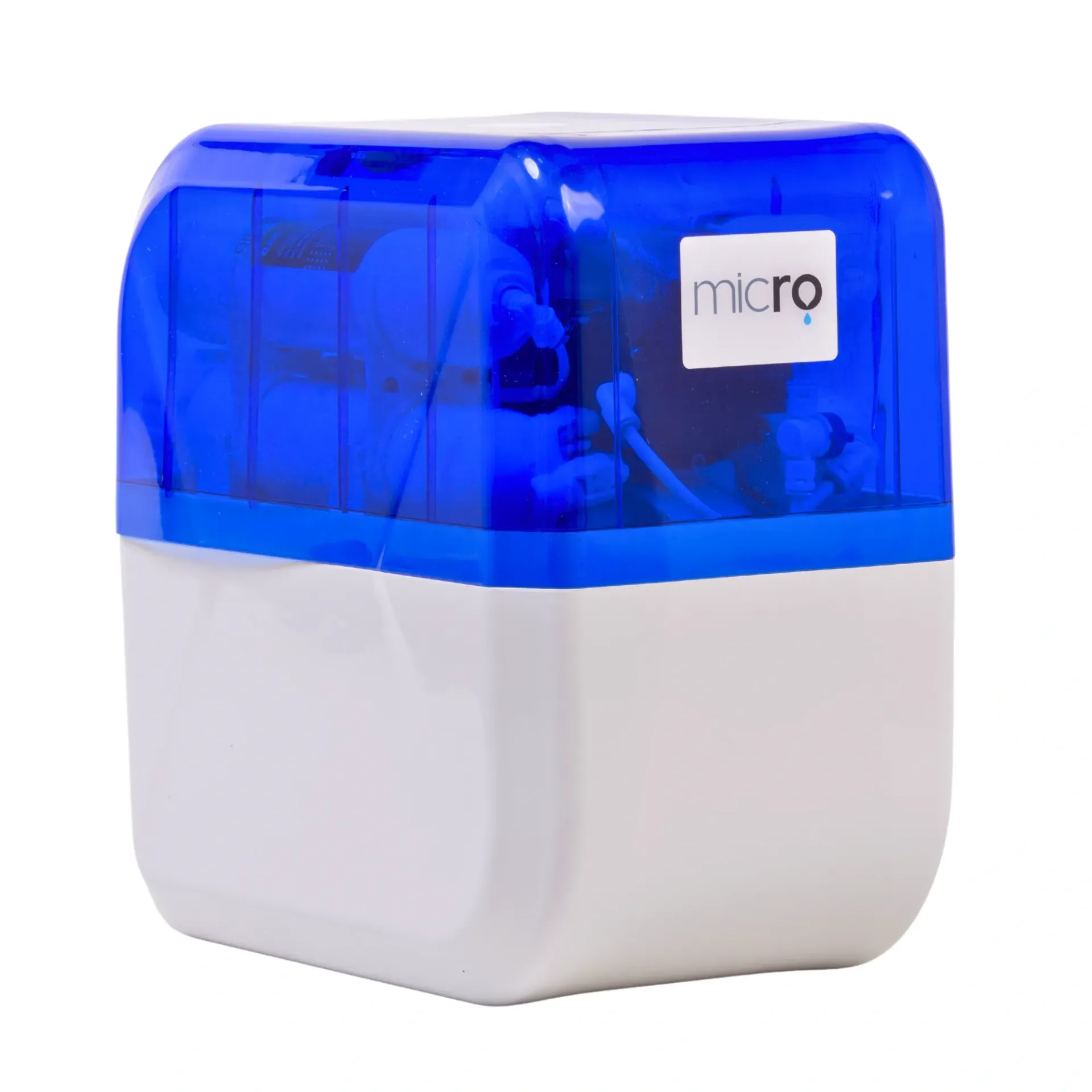 Purificateur d'eau bleu et blanc avec un couvercle bleu transparent et le logo « micro ».
