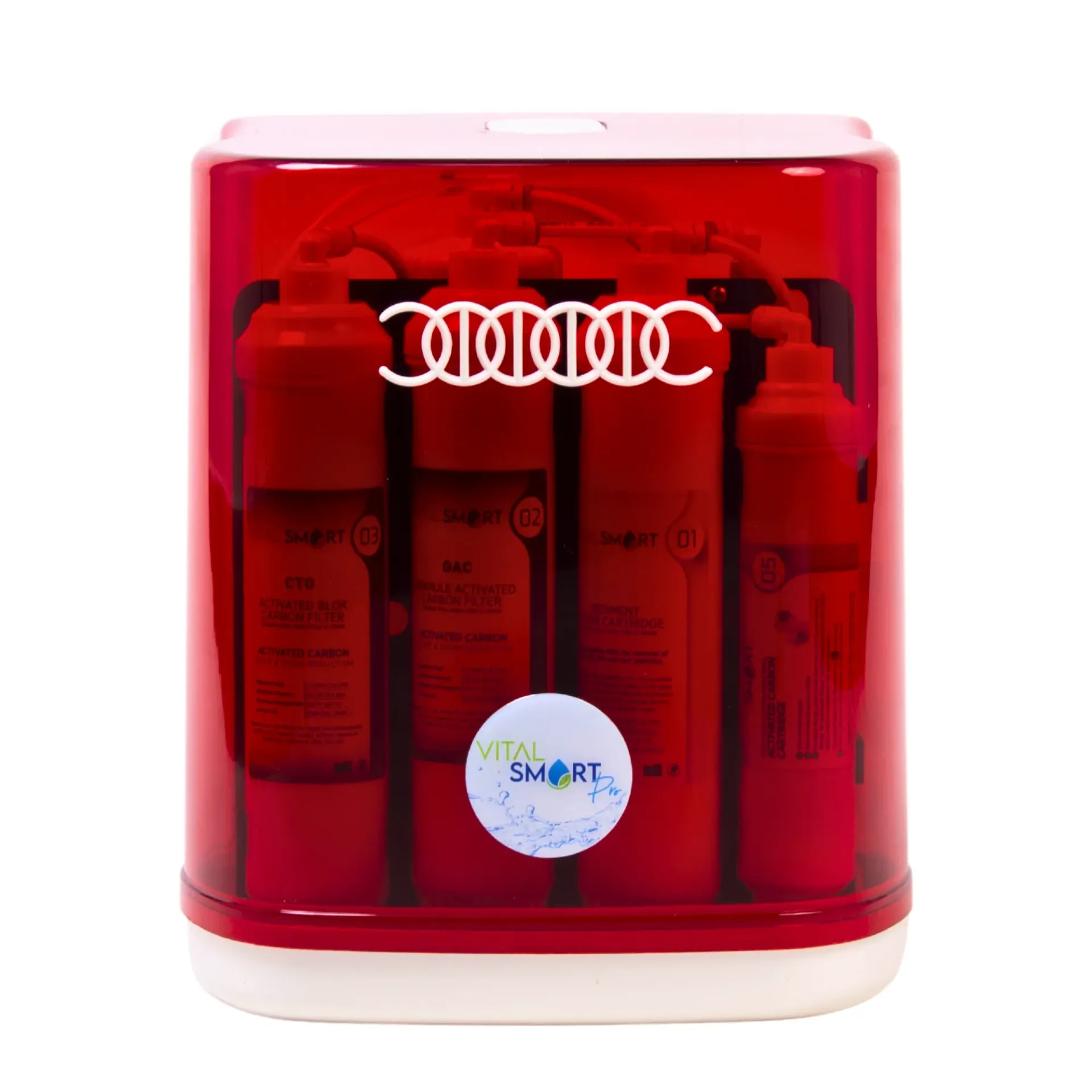 Filtre à eau rouge avec logo blanc et autocollant bleu et blanc.