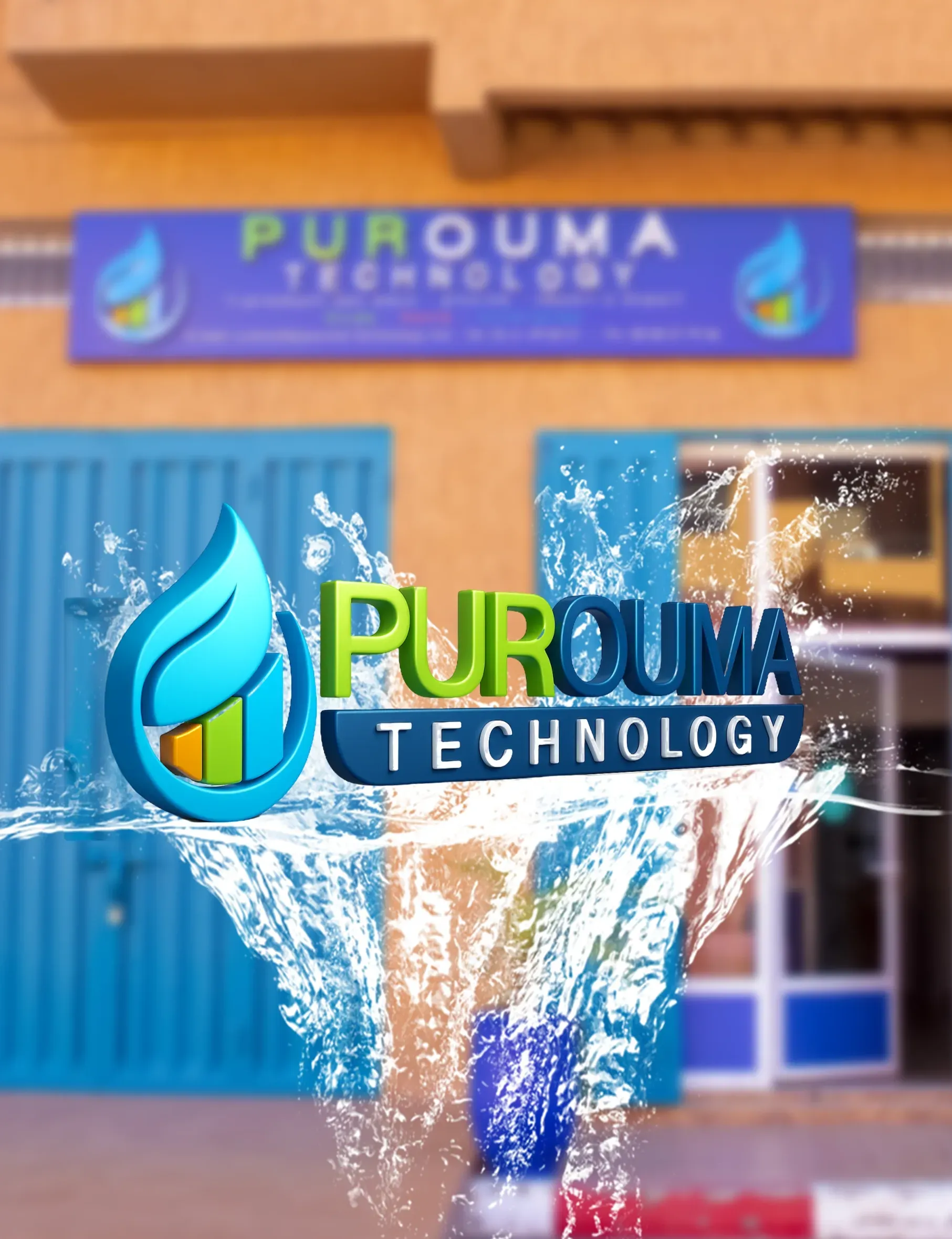 Logo de « Prouma Technology » au-dessus d'un bâtiment. Il représente une goutte d'eau bleue et verte.