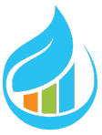 Logo représentant une feuille bleue et une goutte d'eau avec un graphique à barres à l'intérieur, orange, vert et bleu.