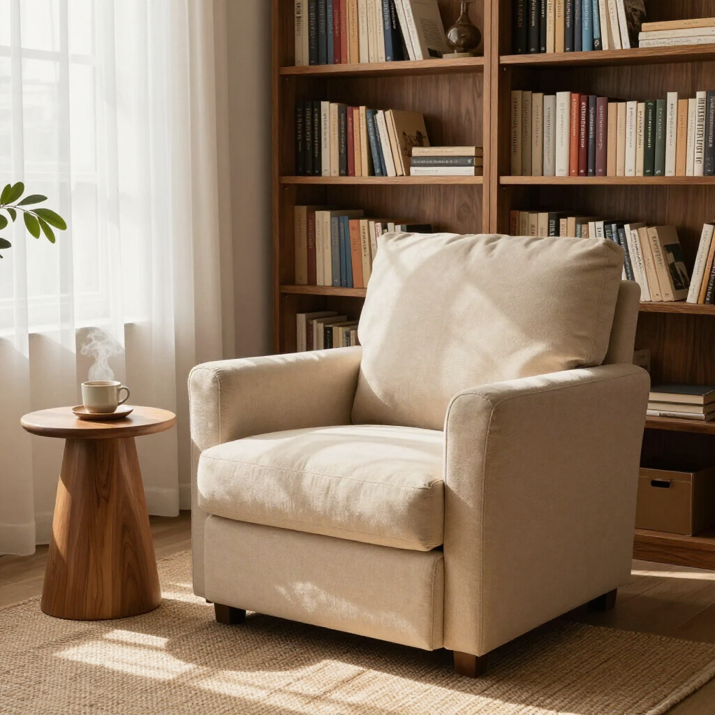 A beige upholstered armchair sits next to a small wooden side table with a steaming mug in a bright, book-lined room.
