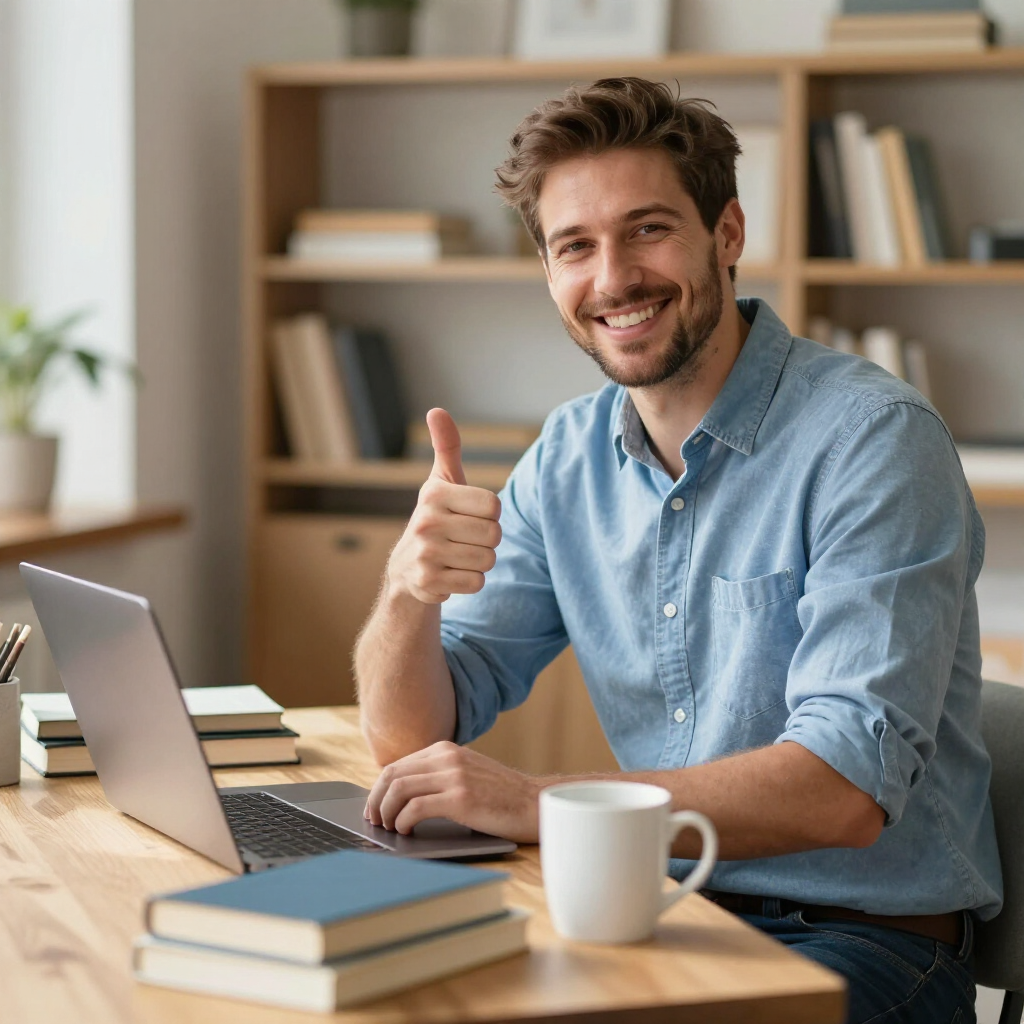 A smiling person in a blue shirt sits at a desk with a laptop and books, giving a thumbs up.