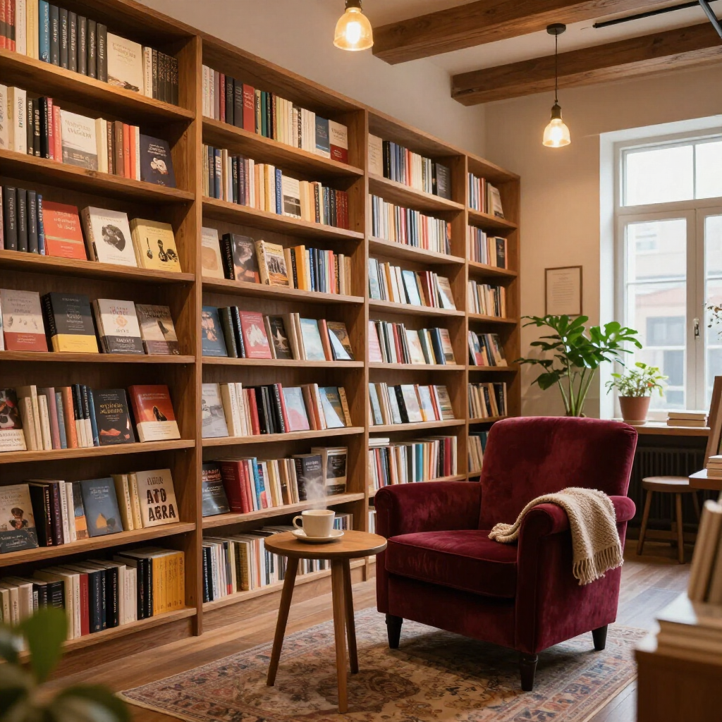A cozy library nook features tall wood bookshelves, a plush burgundy armchair, and a small round table with a mug.