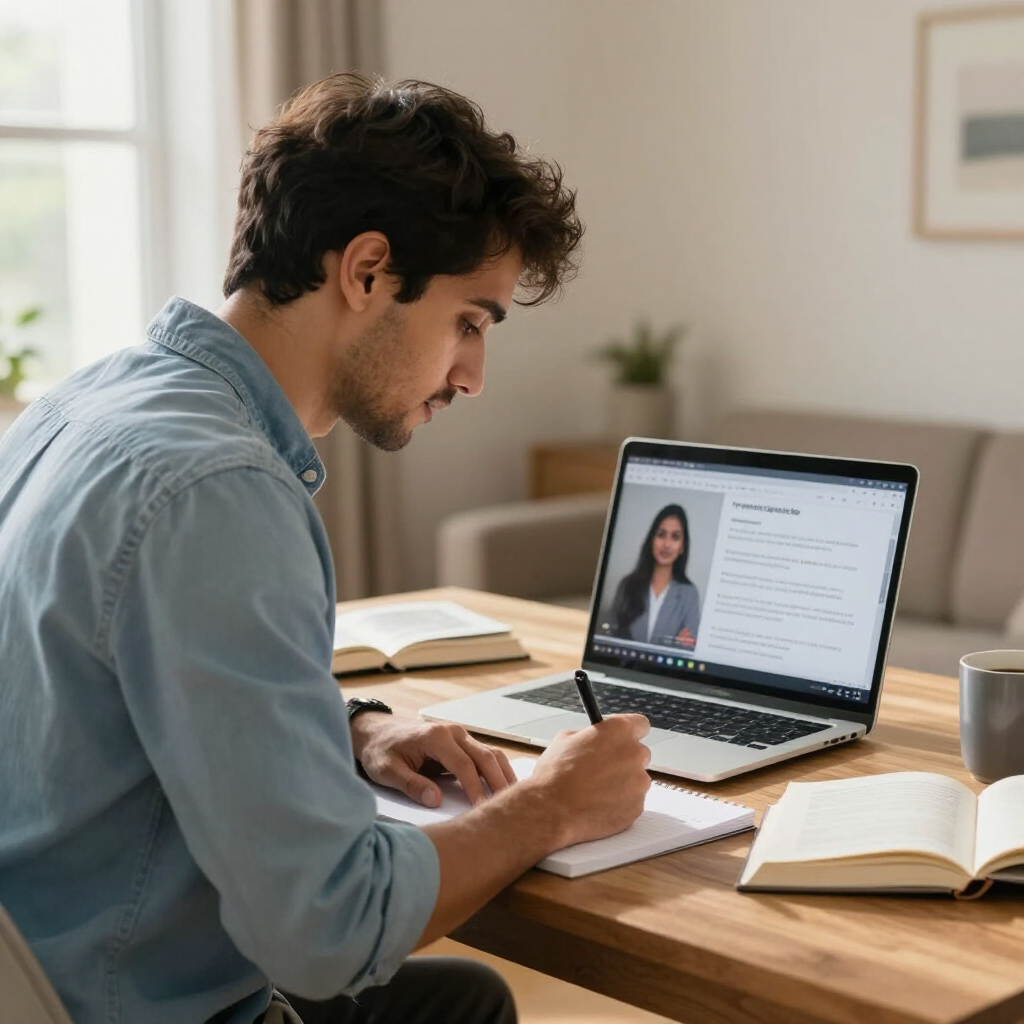 A person sitting at a wooden table takes notes while watching a video of a presenter on their laptop.
