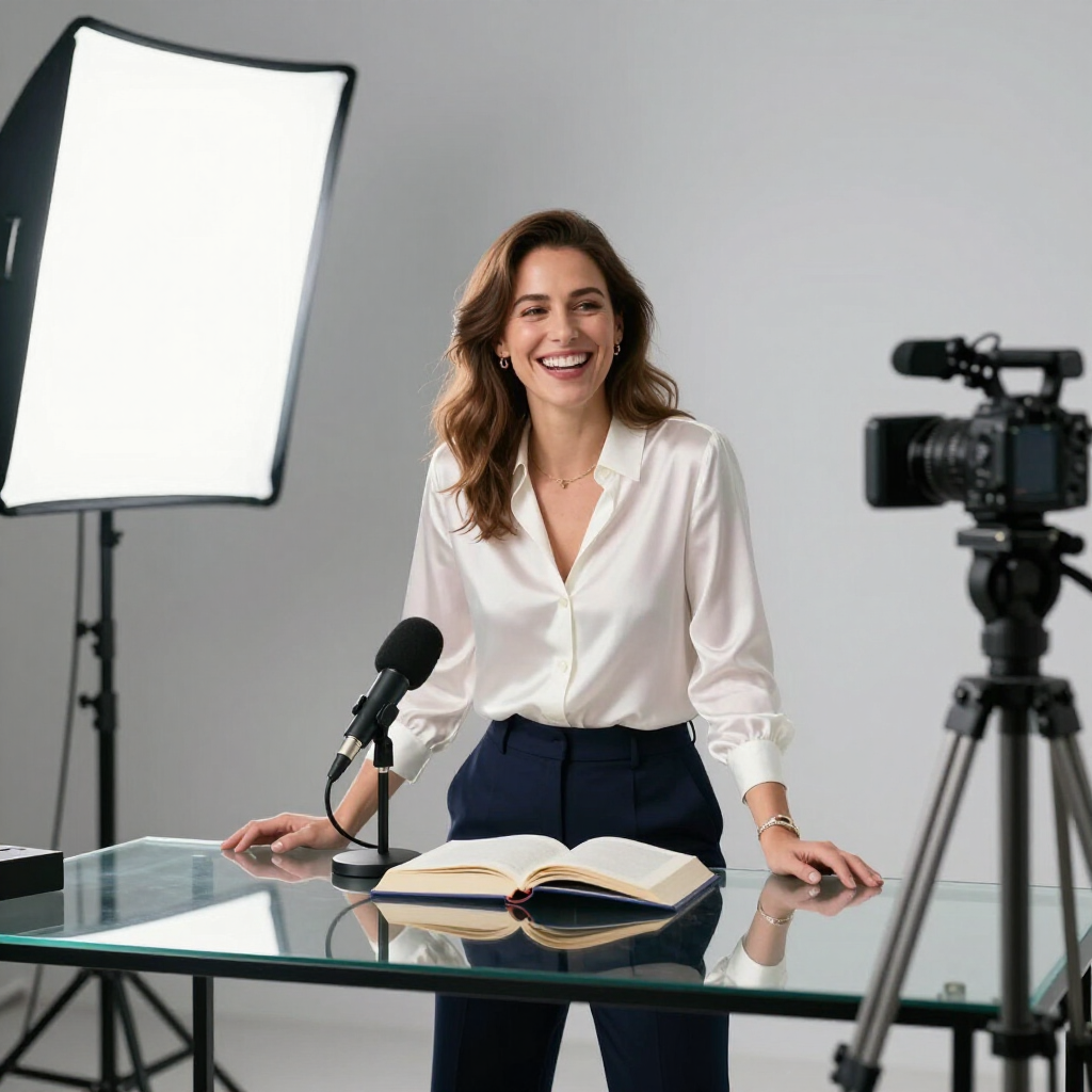 A smiling person standing behind a glass desk with an open book and microphone in a studio setting with a video camera.