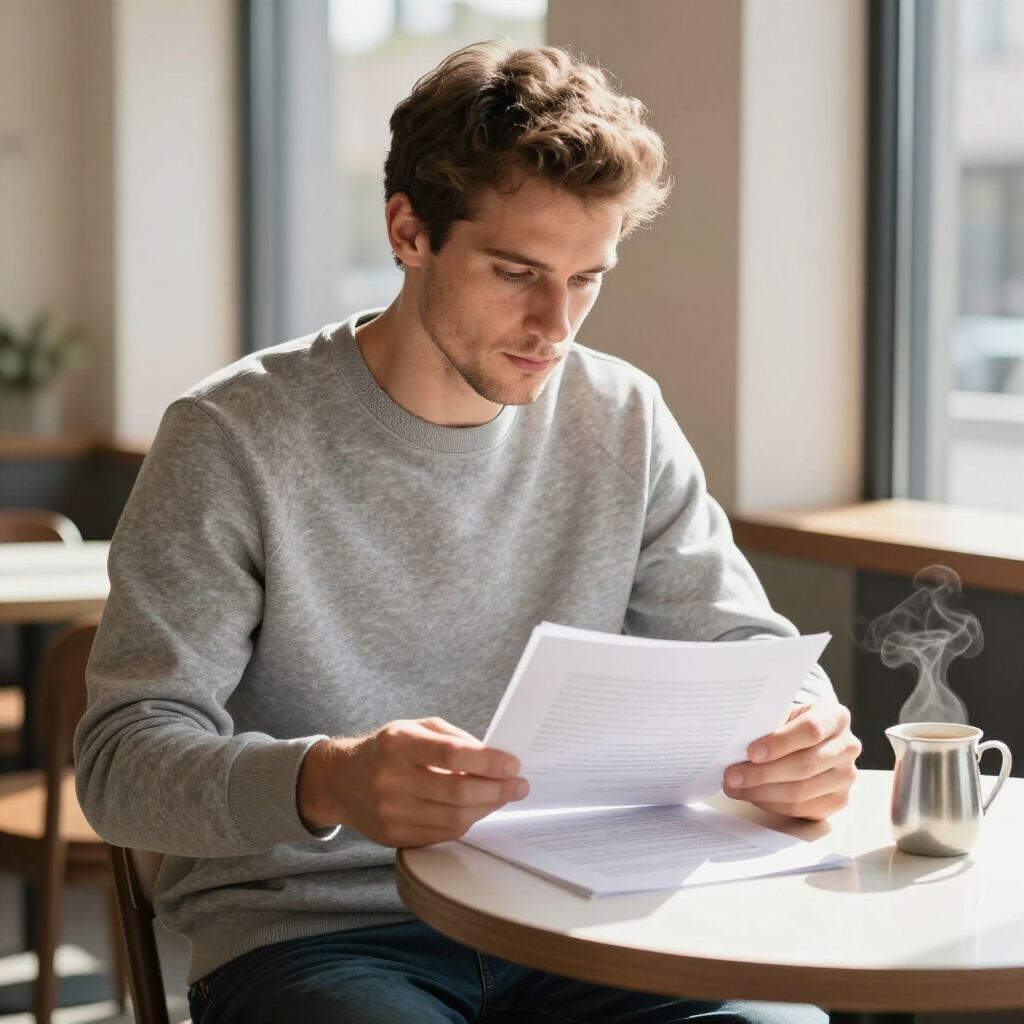 A person in a gray sweater sits at a cafe table reading documents next to a steaming mug.