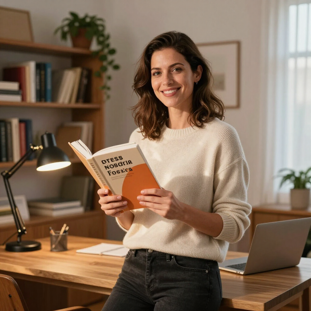 A smiling person in a cream sweater holds a book while leaning against a wooden desk in a bright, book-filled study.
