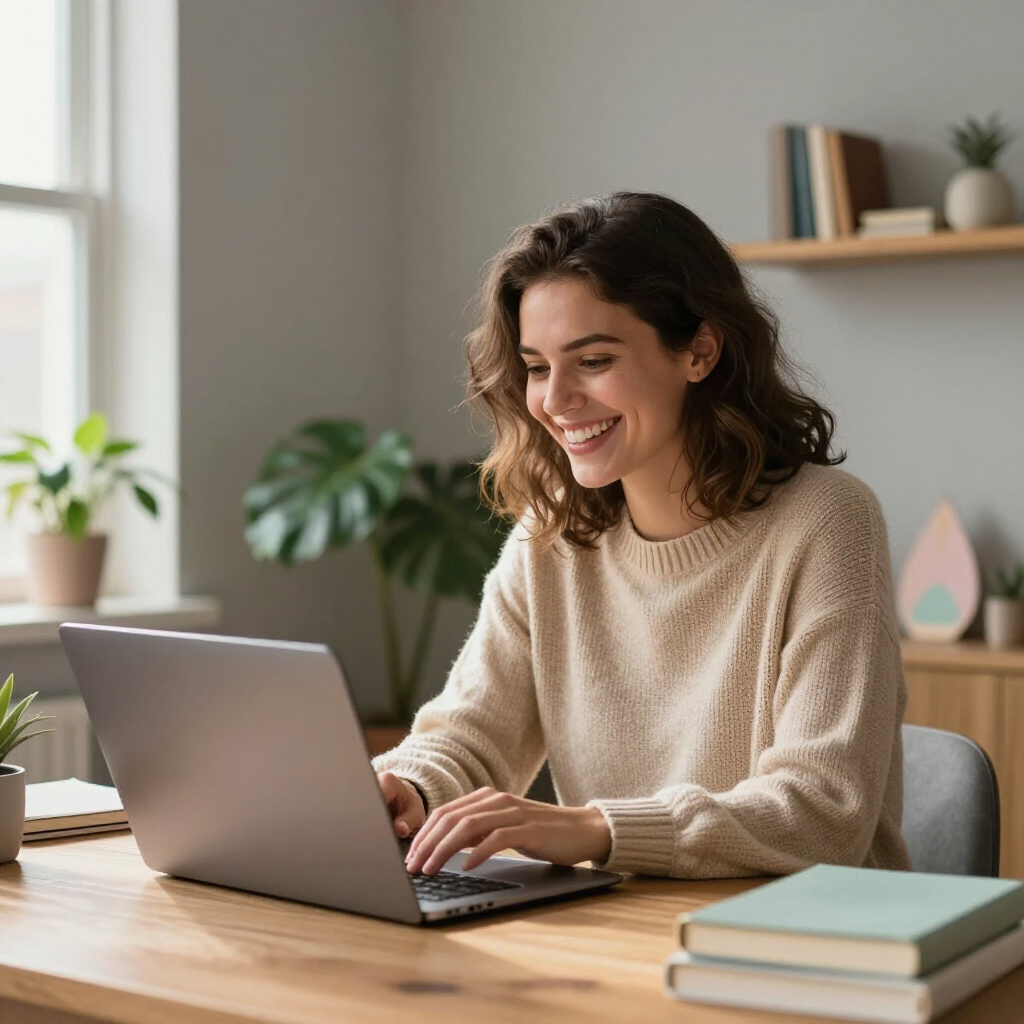 A smiling person in a beige sweater types on a laptop at a wooden desk in a bright, plant-filled home office.