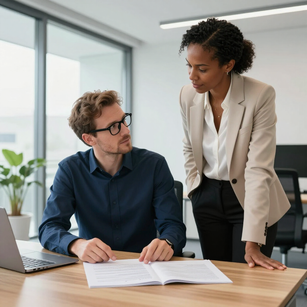 A professional woman stands at a wooden desk, reviewing documents with a man sitting at a laptop in a modern office.