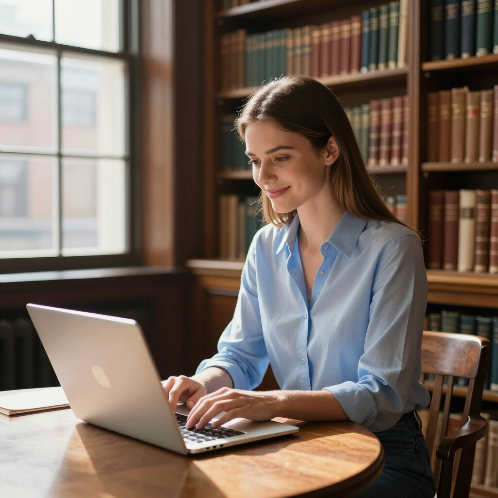 A person in a light blue shirt smiles while typing on a laptop at a wooden table in front of a library bookshelf.