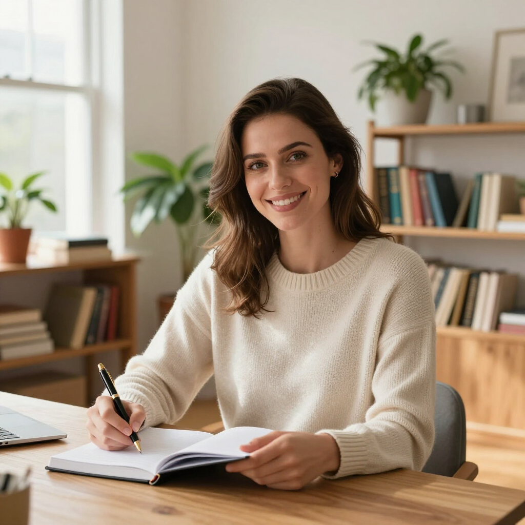 A smiling person in a cream sweater writes in a notebook at a wooden desk in a room with bookshelves and plants.