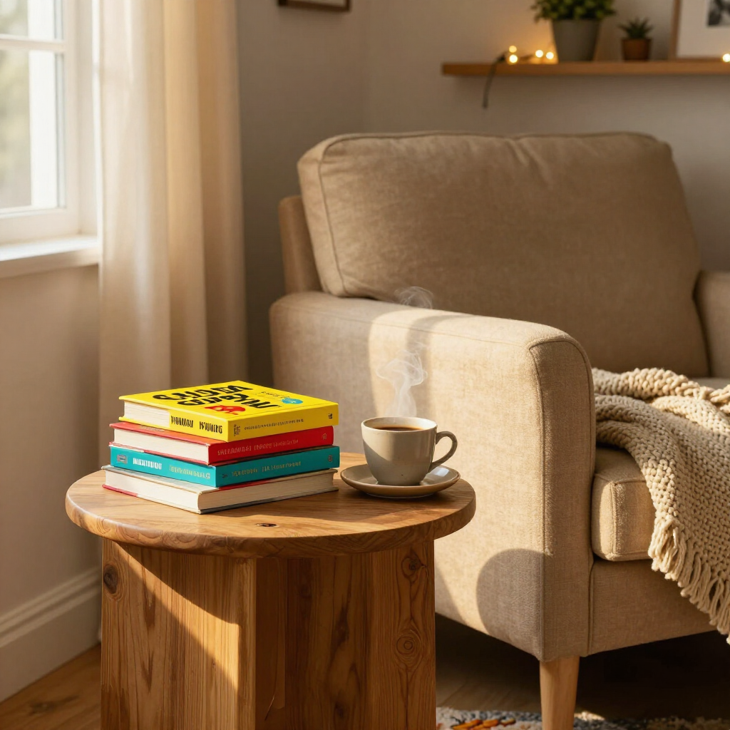 A steaming mug of coffee sits on a side table next to a stack of four colorful books and an armchair with a throw blanket.