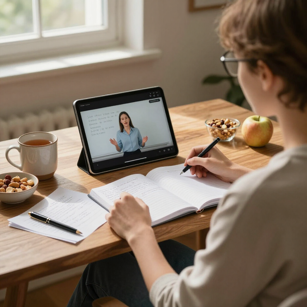 A person sits at a wooden desk taking notes in a notebook while watching an online lecture on a tablet.