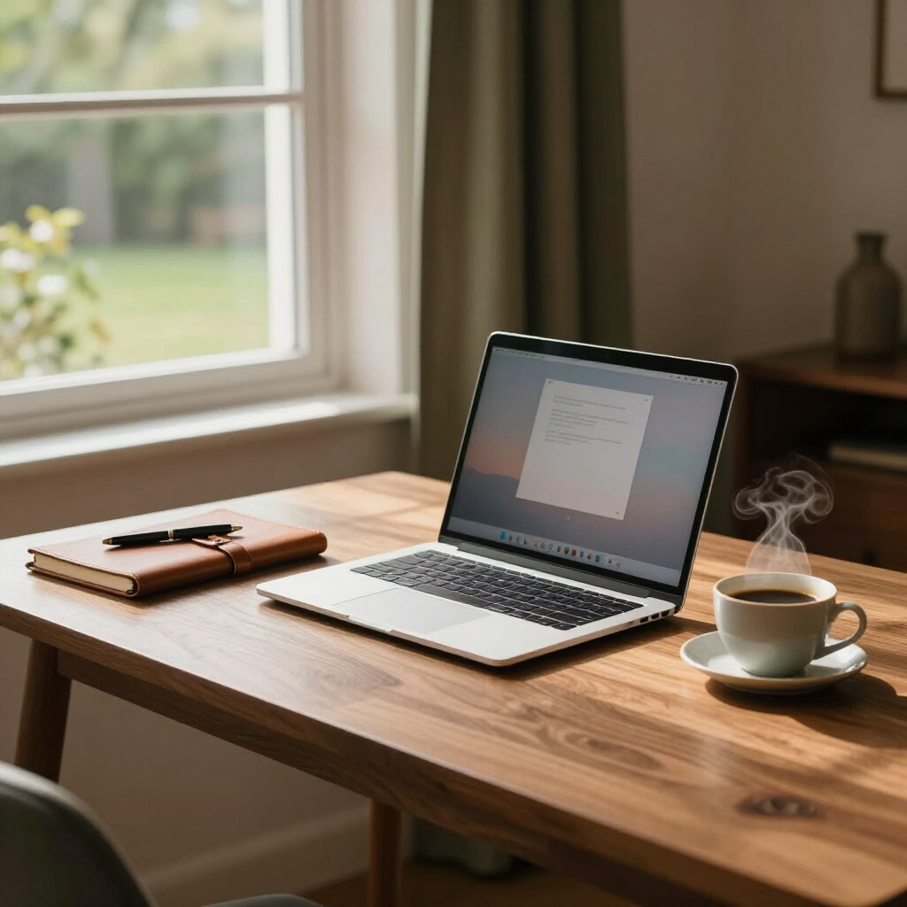 A laptop, a leather-bound notebook with a pen, and a steaming cup of coffee sit on a wooden desk by a bright window.